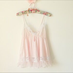 Vintage nylon nightgown, Lace pink nylon lingerie, Nylon pink slip